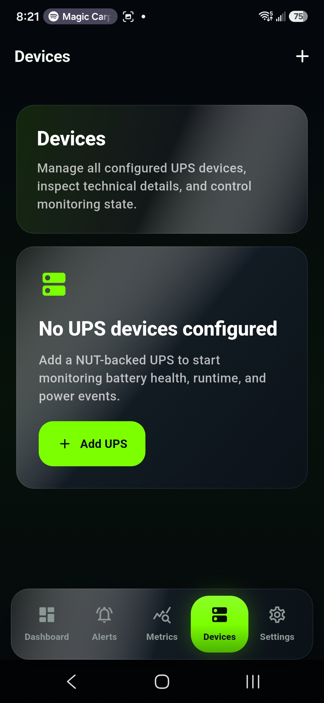 UPSLink dashboard with the Add UPS button highlighted